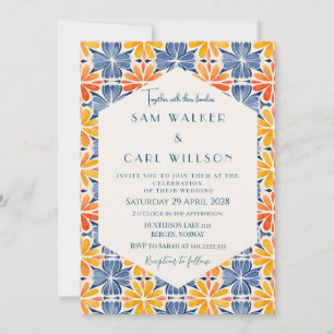 Flower Yellow Blue Orange Tile Wedding Invitation