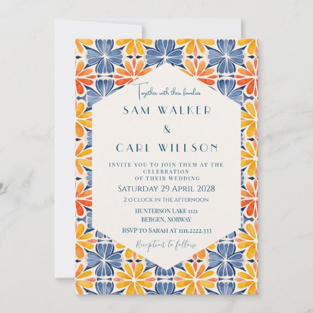 Flower Yellow Blue Orange Tile Wedding Invitation (Front)