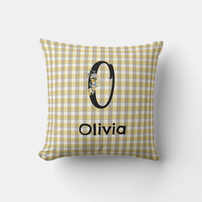 Flower yellow greygingham pattern Monogram Cushion (Front)