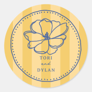 Flower Yellow Stripe Blue Botanical Wedding Classic Round Sticker