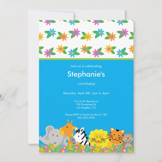 Flowered Jungle Animals  Birthday Party Invitation (Front)