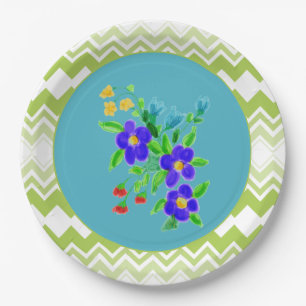 Flowered Plates With Teal and Lime
