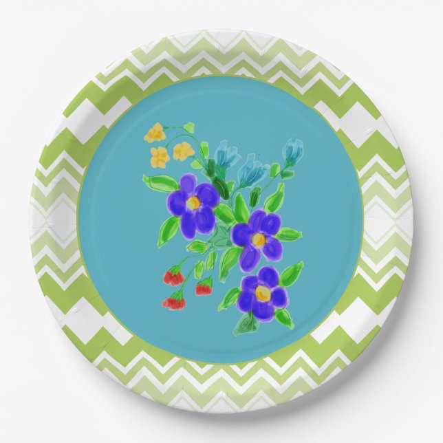 Flowered Plates With Teal and Lime (Front)