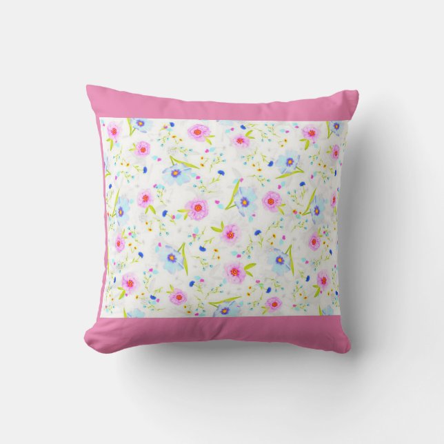 FLOWERED throw pillow in pink. (Front)