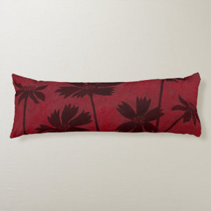 Flowerhead Silhouettes on Crimson Background Body Cushion