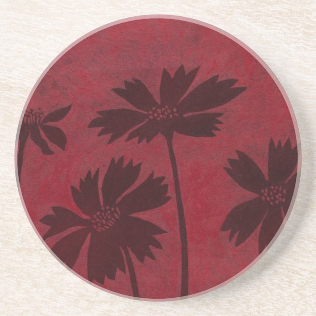 Flowerhead Silhouettes on Crimson Background Coaster (Front)