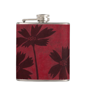 Flowerhead Silhouettes on Crimson Background Hip Flask