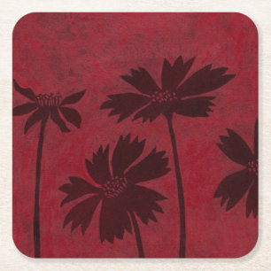 Flowerhead Silhouettes on Crimson Background Square Paper Coaster