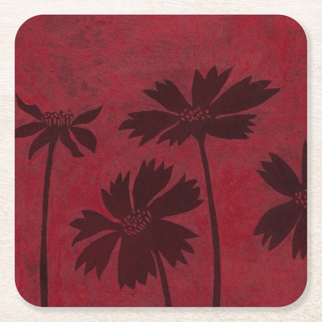 Flowerhead Silhouettes on Crimson Background Square Paper Coaster (Front)
