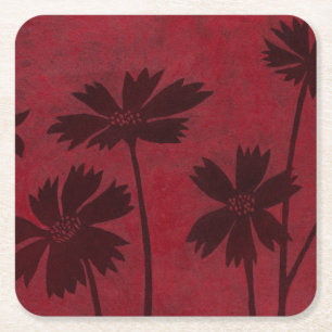Flowerhead Silhouettes on Crimson Background Square Paper Coaster