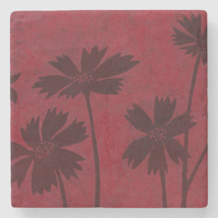 Flowerhead Silhouettes on Crimson Background Stone Coaster