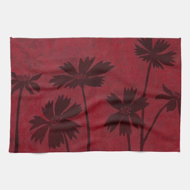 Flowerhead Silhouettes on Crimson Background Tea Towel (Horizontal)
