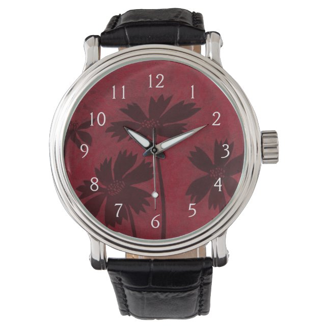 Flowerhead Silhouettes on Crimson Background Watch (Front)