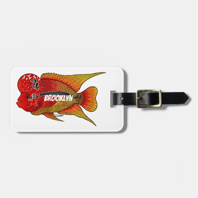 Flowerhorn cichlid fish cartoon illustration luggage tag (Front Horizontal)