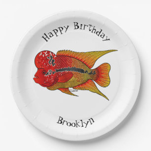 Flowerhorn cichlid fish cartoon illustration paper plate