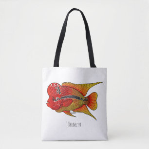 Flowerhorn cichlid fish cartoon illustration tote bag