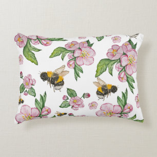 Flowering apple orchard with bees watercolor drawi decorative cushion