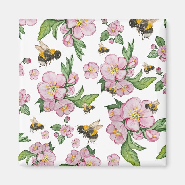 Flowering apple orchard with bees watercolor drawi magnet (Front)