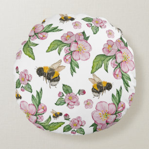Flowering apple orchard with bees watercolor drawi round cushion