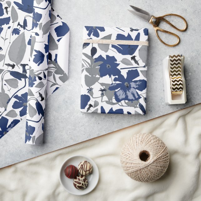 Flowering Blue Grey Clematis Vine Floral Wrapping Paper (Clematis Vine Elegant Blue Gray Flowers gift wrap from Studio Posies. )