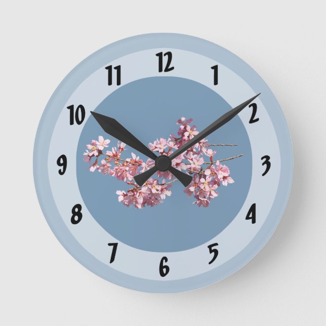 Flowering Cherry Branch in Sunshine Round Clock (Front)