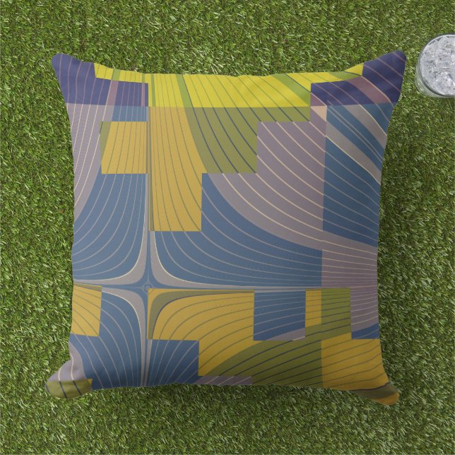 Flowering Fields Modern Abstract Blue Yellow Cushion (Grass)