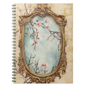 flowering Japanese peach branches and antique text Notebook