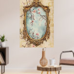 flowering Japanese peach branches and antique text Poster<br><div class="desc">.Oriental Painting,  characterized by flowering Japanese peach branches and antique textures.
Design: Inspired by traditional Eastern art with chinoiserie elements.
Motif: Flowering peach branches,  sometimes accompanied by nightingales.
Atmosphere: Elegance,  refinement,  and aged textures.</div>
