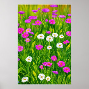 Flowering meadow in summer, daisies poster