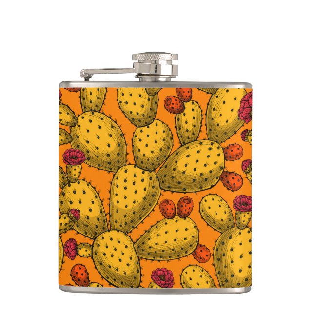 Flowering opuntia in yellow hip flask (Front)