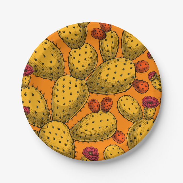 Flowering opuntia in yellow paper plate (Front)