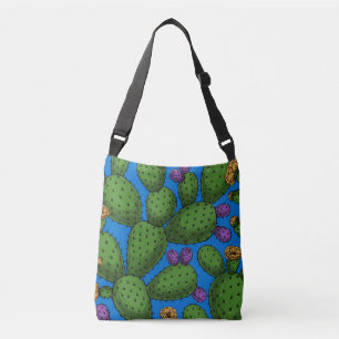 Flowering opuntia on blue crossbody bag