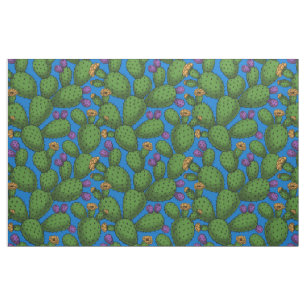Flowering opuntia on blue fabric