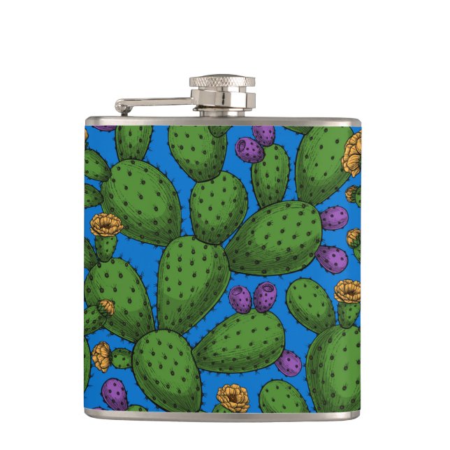 Flowering opuntia on blue hip flask (Front)