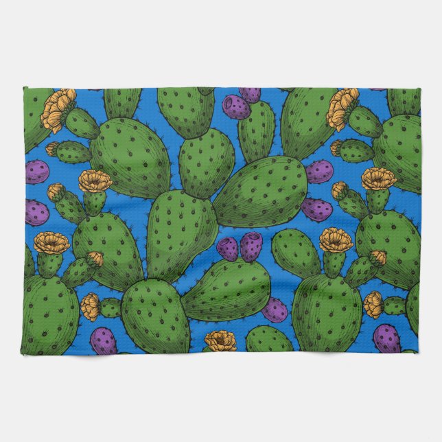 Flowering opuntia on blue tea towel (Horizontal)