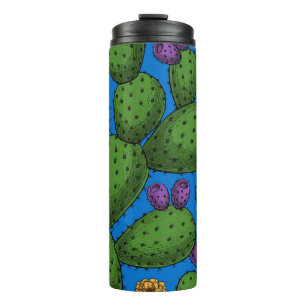 Flowering opuntia on blue thermal tumbler