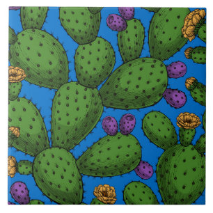 Flowering opuntia on blue tile