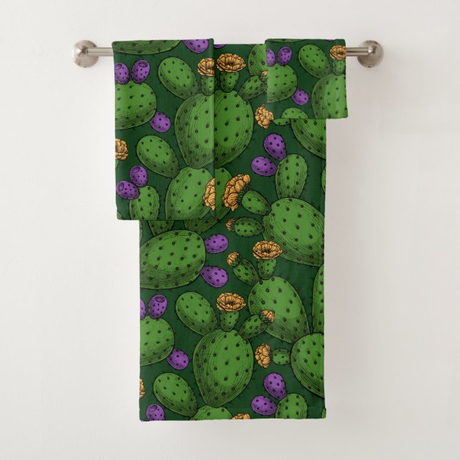 Flowering opuntia on dark green bath towel set (Insitu)