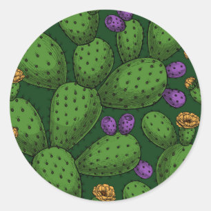 Flowering opuntia on dark green classic round sticker