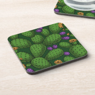 Flowering opuntia on dark green coaster