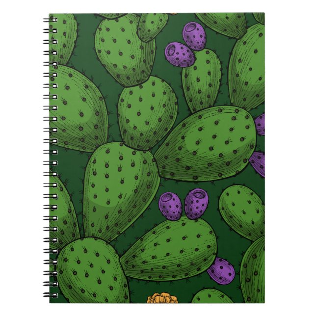 Flowering opuntia on dark green notebook (Front)