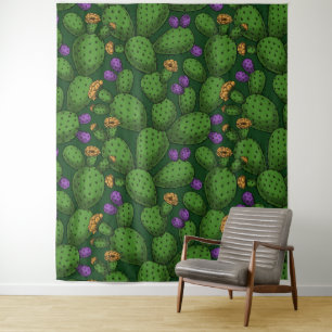 Flowering opuntia on dark green tapestry