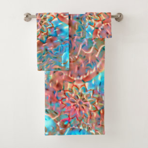 Flowering peach and aqua under hammered glass  bath towel set
