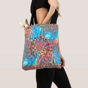 Flowering peach and aqua under hammered glass tote bag