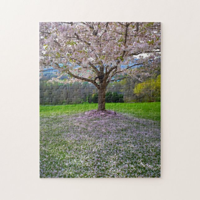 Flowering Pink Cherry Blossom Tree with Woods Jigsaw Puzzle (Vertical)