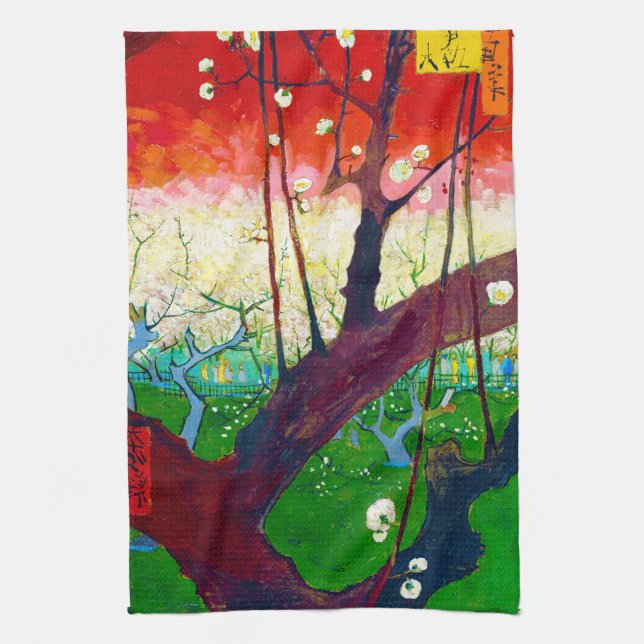 Flowering Plum Tree (after Hiroshige), Van Gogh Tea Towel (Vertical)