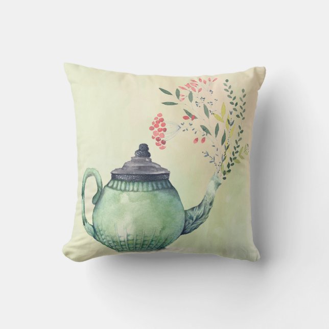 Flowering Teapot Watercolor Cushion (Front)