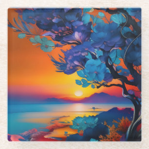 Flowering Tree at the Lake at Sunrise Glass Coaster