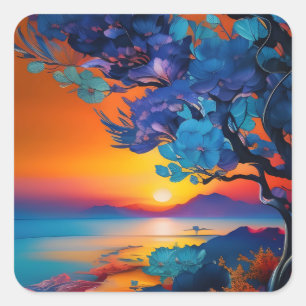 Flowering Tree at the Lake at sunrise Square Sticker