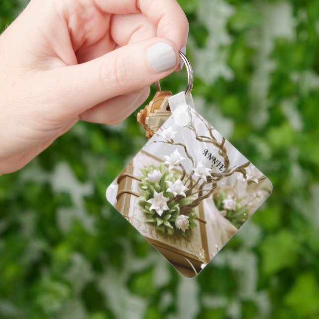 Flowering Tree Growing From a Book Custom Key Ring (Hand)